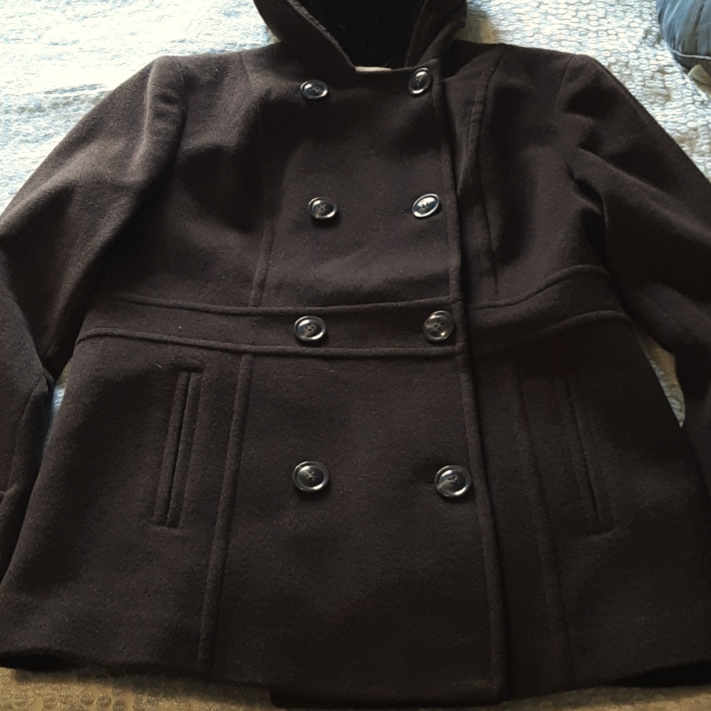 NWT Women's Rich Brown Double Breasted Hooded Peacoat Jacket w/Cashmere, Sz Med